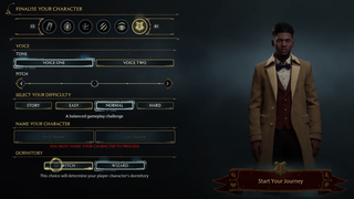 Video game screenshot of the character creation tool in Hogwarts Legacy. Options on display allow for changes to the character's voice and whether they will dorm with witches or wizards